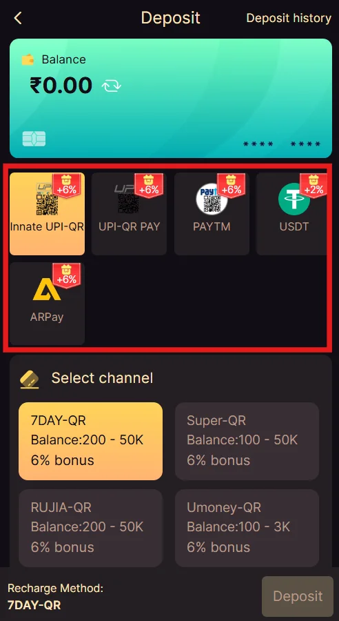 An image from the Deposit page with a box highlighting the Deposit methods.